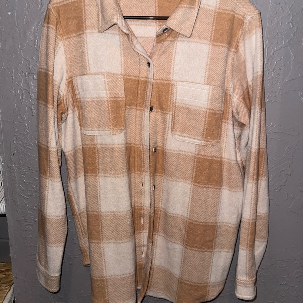 Tan and Cream Plaid Button-Up Shirt